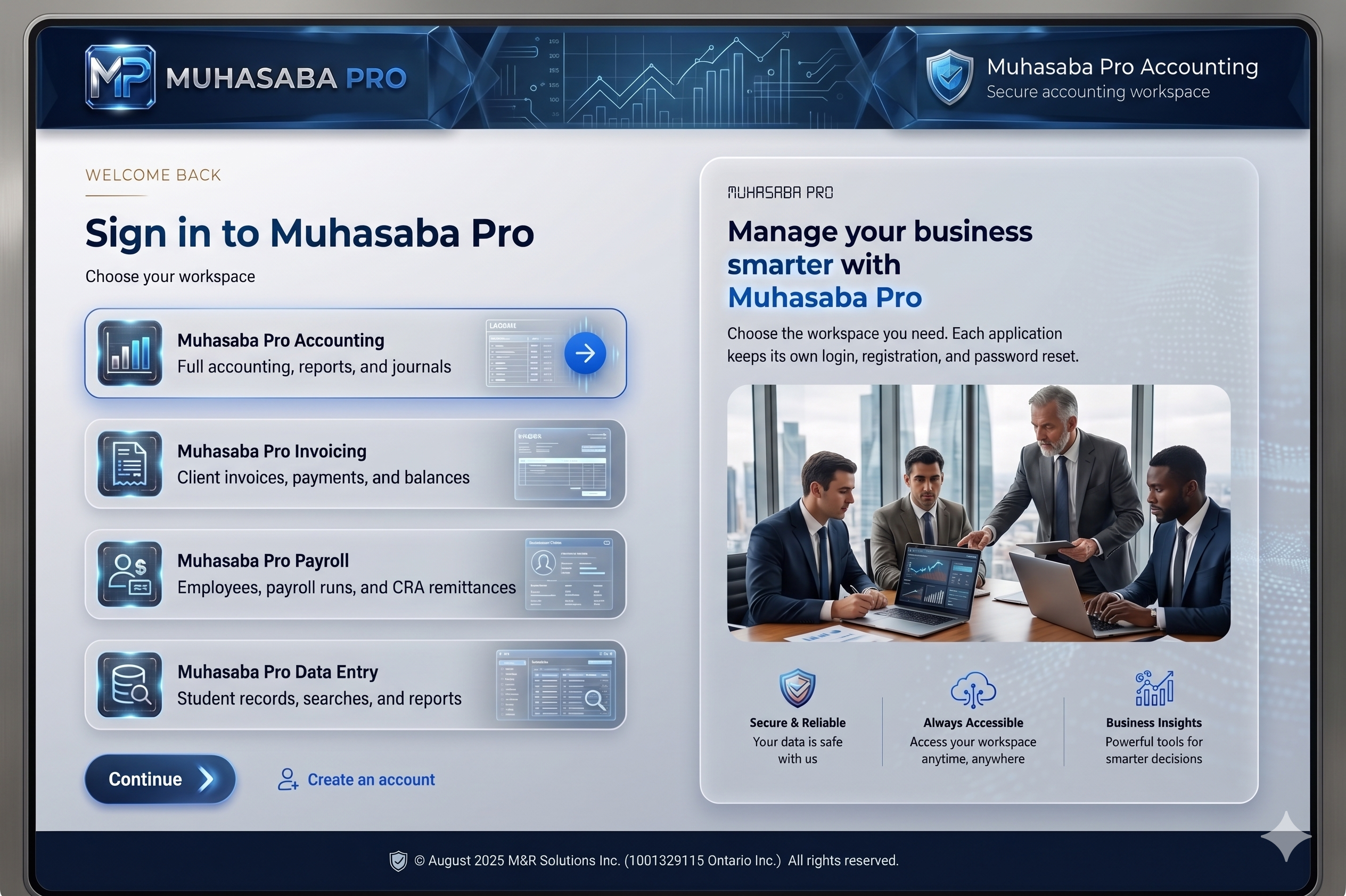 Muhasaba Pro secure module selection screen
