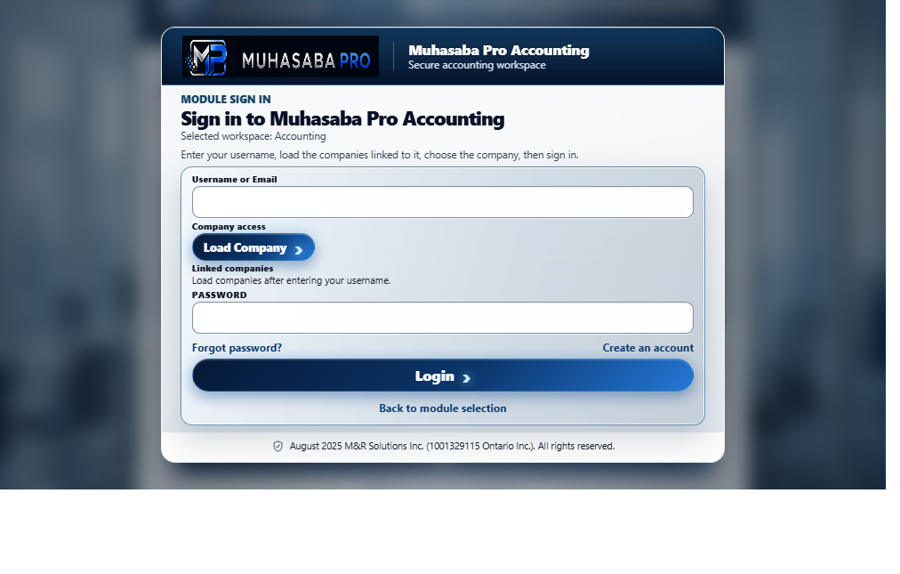 Muhasaba Pro Accounting workspace screen