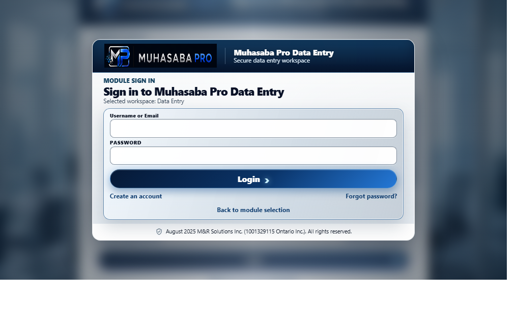 Muhasaba Pro Data entry workspace screen
