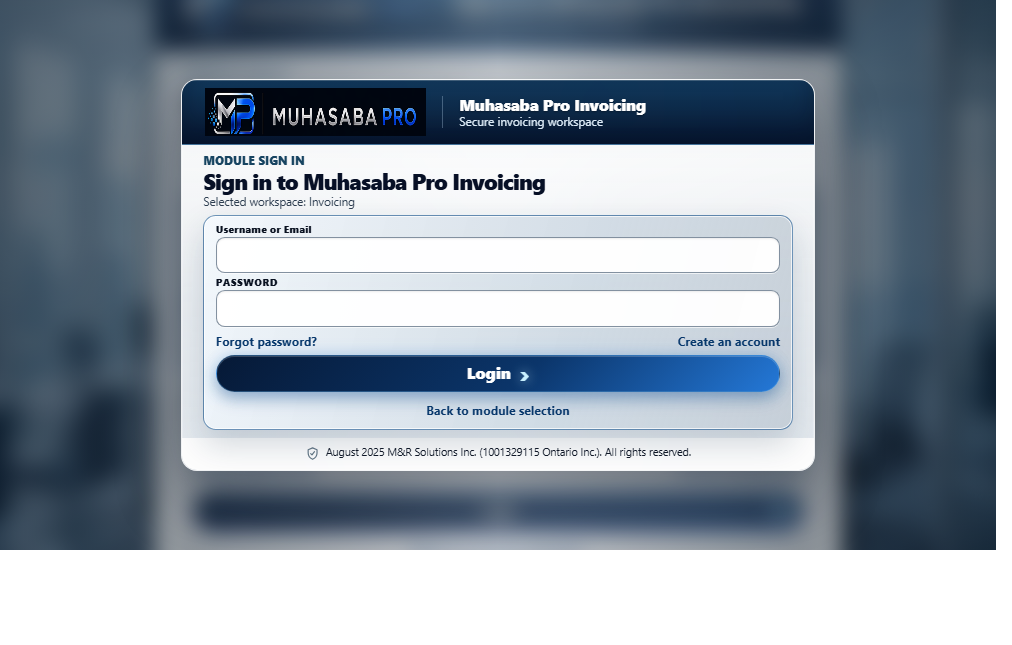 Muhasaba Pro Invoicing workspace screen