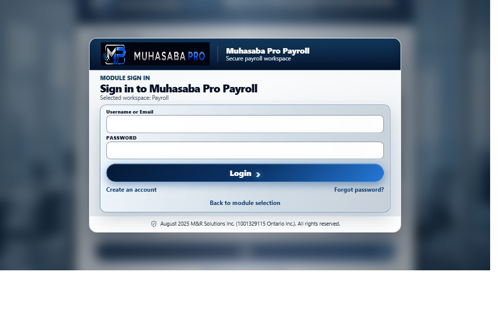 Muhasaba Pro Payroll workspace screen